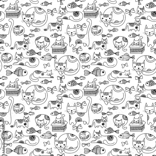 Cats, fishes, and bows seamless pattern. Hand drawn kittens black and white background.