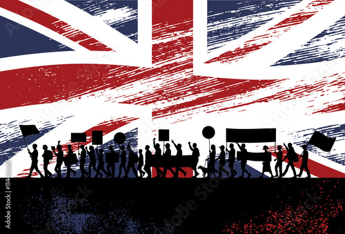 Silhouette of people protesting with a flag of the United Kingdom as a background