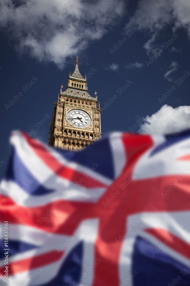 Fototapeta premium British union jack flag and Big Ben Clock Tower at city of westminster in the background - UK votes to leave the EU