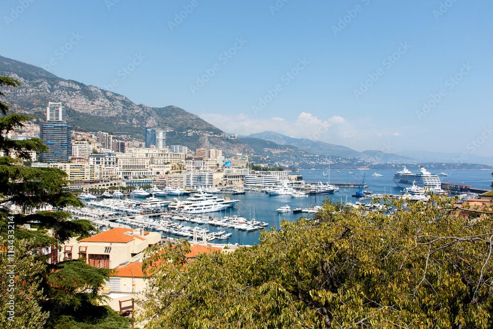 Monte Carlo harbor, Monaco with luxury yachts and the city skyline. Horizontal with copy space for text