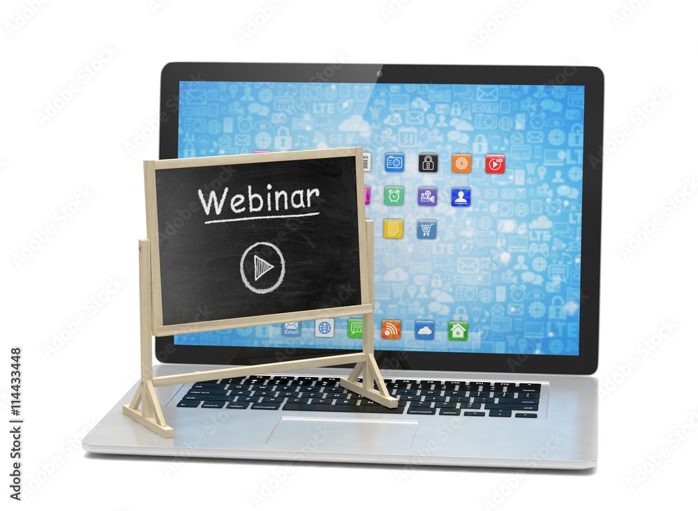 Laptop with chalkboard, webinar, online education concept. 3d rendering. Laptop with chalkboard, webinar, online education concept. 3d rendering.