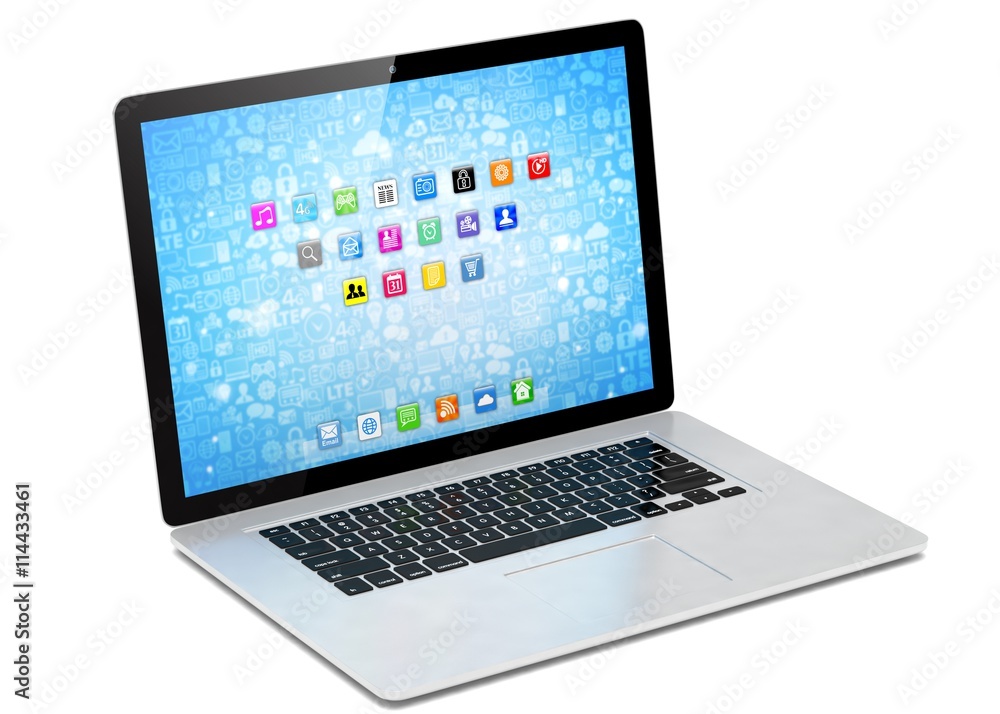 3d rendering of a laptop with blue wallpaper with app icon 3d rendering of a laptop with blue wallpaper with app icon