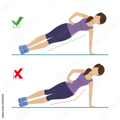 Set of right and wrong side plank position. Physical training for losing weight, reduction in fat mass. Vector.