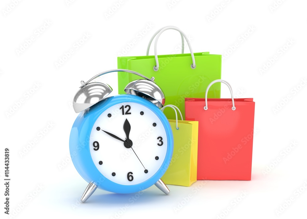 alarm clock and shopping bag (time to buy concept). 3d rendering. alarm clock and shopping bag (time to buy concept). 3d rendering.