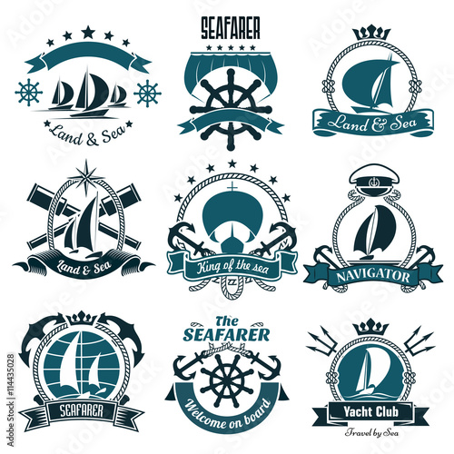 Marine icons for sailing sport, sea travel design