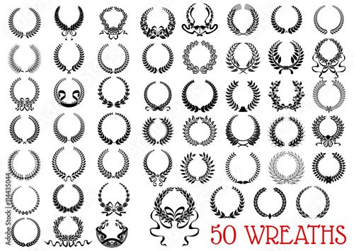 Black heraldic olive and laurel wreaths icons
