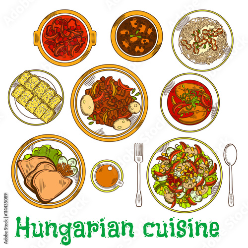 Nutritious dishes of hungarian cuisine sketch icon