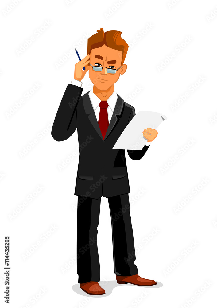 Focused businessman in glasses reading a contract Focused businessman in glasses reading a contract