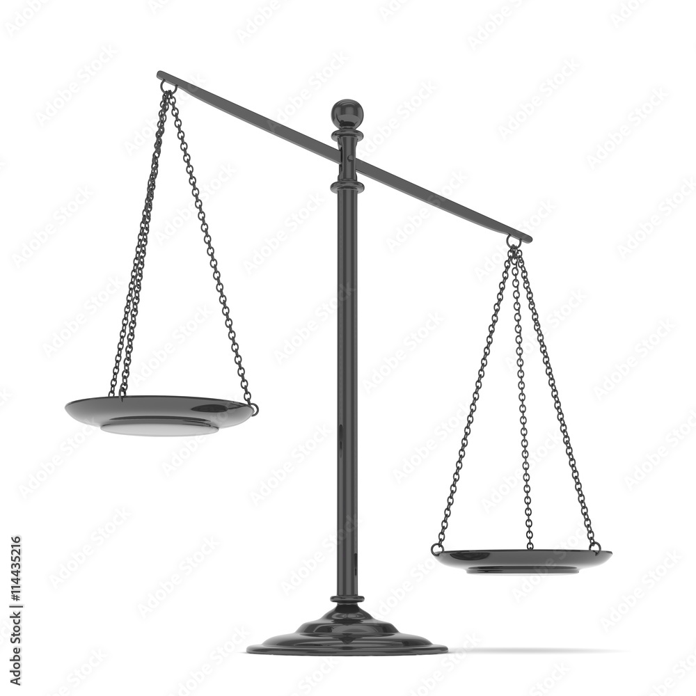 Isolated black scales on white background. Symbol of judgement. Law, measurement, liberty in one concept. 3D rendering. Isolated black scales on white background. Symbol of judgement. Law, measurement, liberty in one concept. 3D rendering.