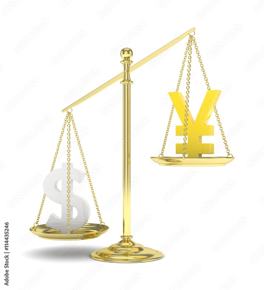 Isolated old fashioned pan scale with dollar and yuan,yen on white background. American and chinese and japanese currency. Dollar is heavier. Silver usd, golden yuan. 3D rendering. Isolated old fashioned pan scale with dollar and yuan,yen on white background. American and chinese and japanese currency. Dollar is heavier. Silver usd, golden yuan. 3D rendering.
