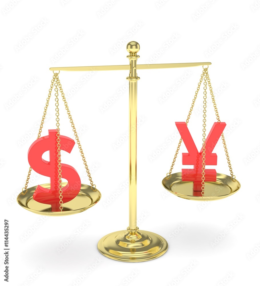 Isolated old fashioned pan scale with dollar and yuan,yen on white background. American and chinese and japanese currency. Currency equality. red money. 3D rendering. Isolated old fashioned pan scale with dollar and yuan,yen on white background. American and chinese and japanese currency. Currency equality. red money. 3D rendering.