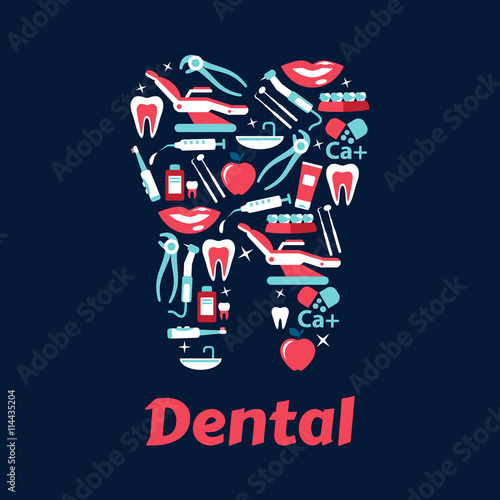 Flat silhouette of a tooth with dentistry icons