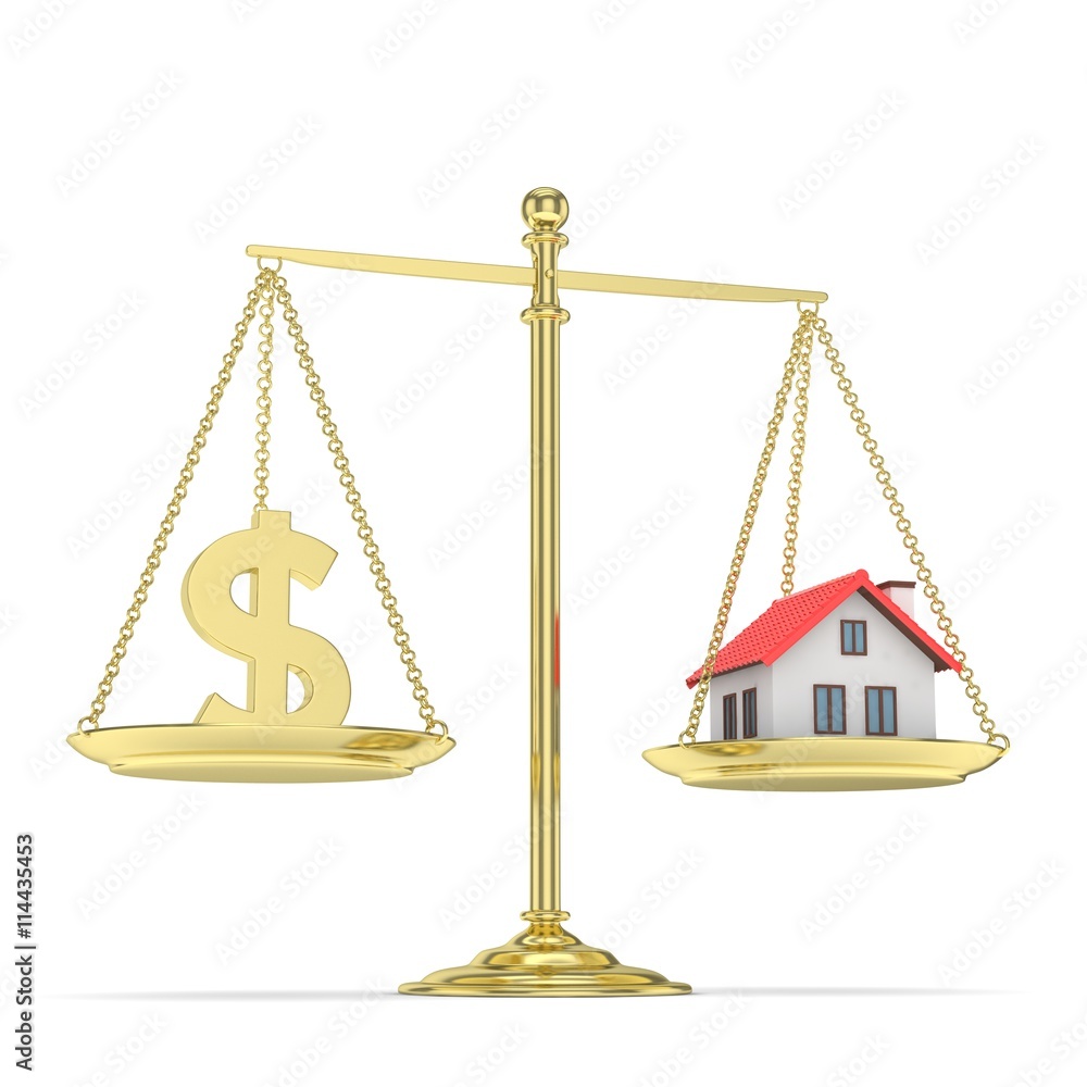 Isolated golden scales with golden dollar and house on white background. Investment or savings concept. Real estate and currency. 3D rendering. Isolated golden scales with golden dollar and house on white background. Investment or savings concept. Real estate and currency. 3D rendering.