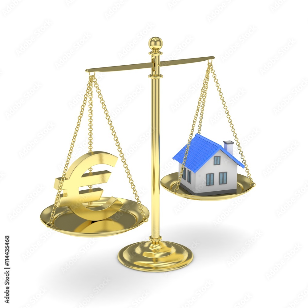Isolated golden scales with golden euro and house on white background. Investment or savings concept. Real estate and currency. 3D rendering. Isolated golden scales with golden euro and house on white background. Investment or savings concept. Real estate and currency. 3D rendering.