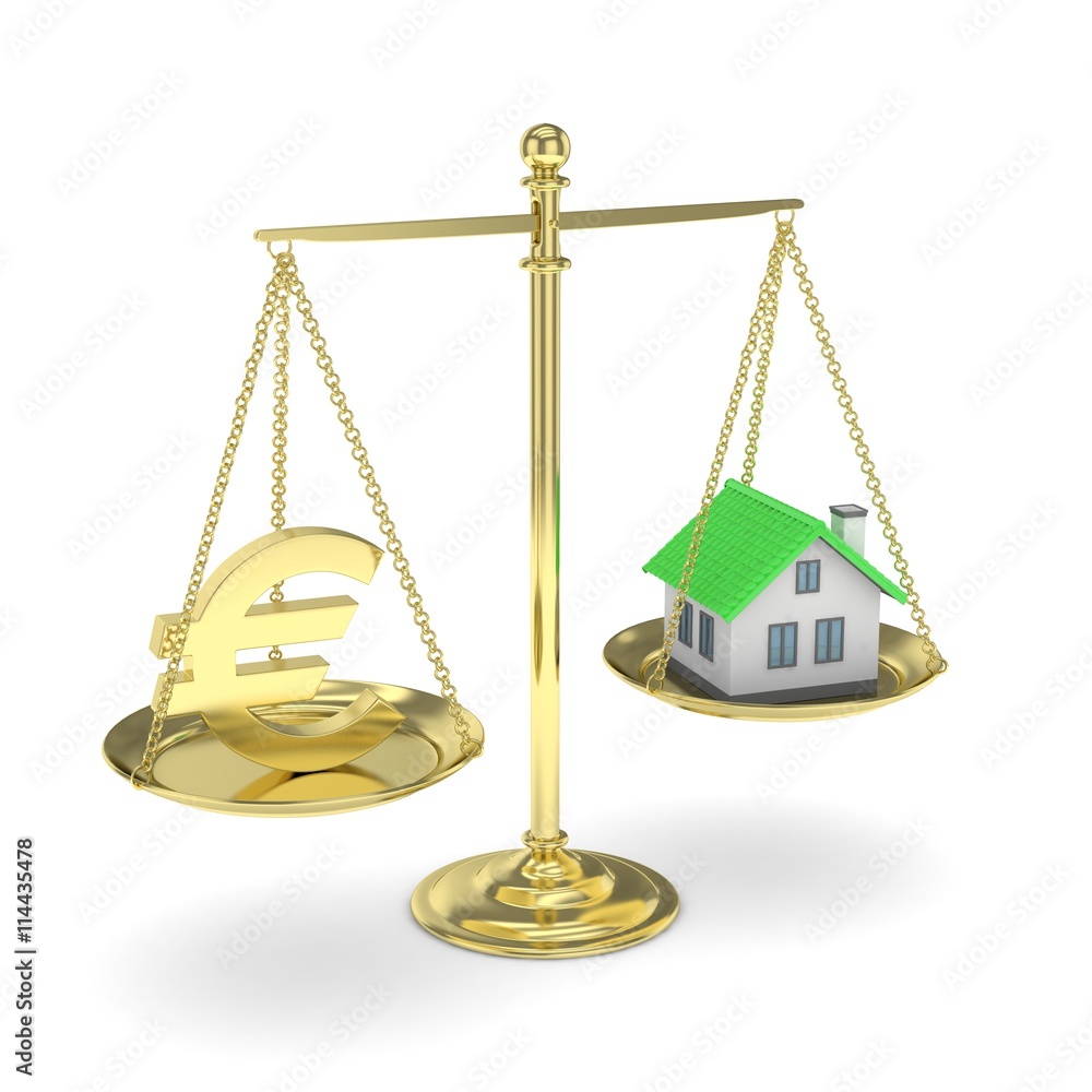 Isolated golden scales with golden euro and house on white background. Investment or savings concept. Real estate and currency. 3D rendering. Isolated golden scales with golden euro and house on white background. Investment or savings concept. Real estate and currency. 3D rendering.