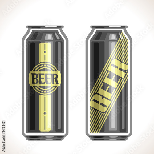 Vector logo for can beer,consisting of 2 isolated aluminum metal black cans,filled to brim light lager pilsner and dark Porter beer on white background. On container with alcohol drink exclusive label