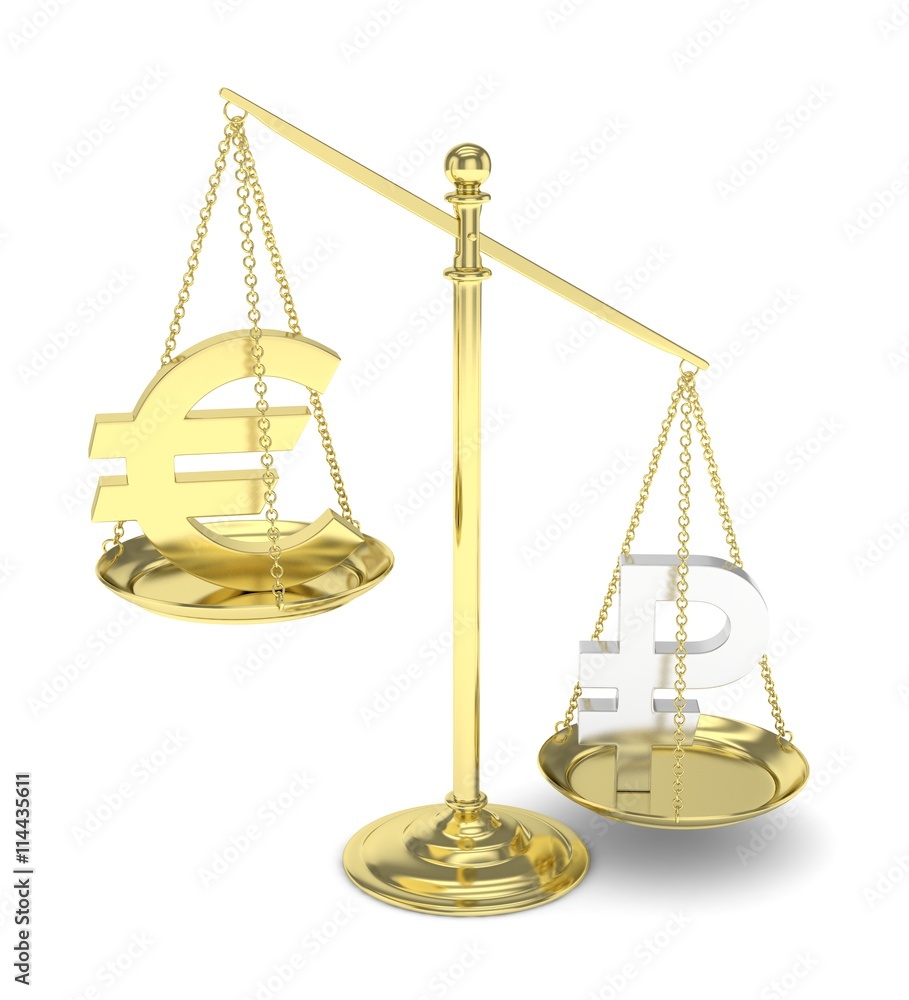 Isolated golden scales with golden euro and silver ruble currency. Russian and european finance. Measuring of market stability. 3D rendering. Isolated golden scales with golden euro and silver ruble currency. Russian and european finance. Measuring of market stability. 3D rendering.