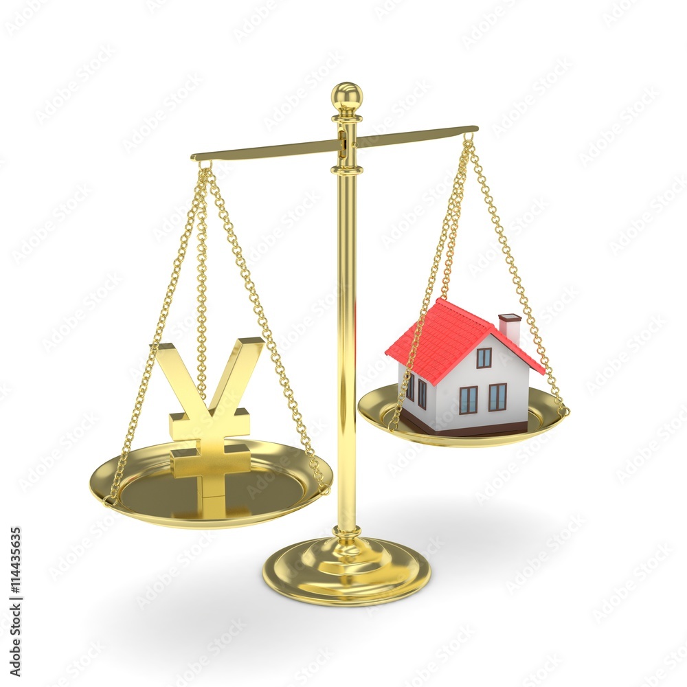 Isolated golden scales with golden yuan and house on white background. Investment or savings concept. Real estate and currency. 3D rendering. Isolated golden scales with golden yuan and house on white background. Investment or savings concept. Real estate and currency. 3D rendering.