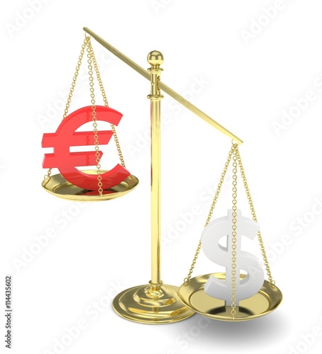 Isolated old fashioned pan scale with dollar and euro on white background. American and european currency. Dollar is heavier. Silver usd, red euro. 3D rendering.