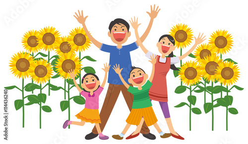 ひまわり畑で楽しそうなファミリー