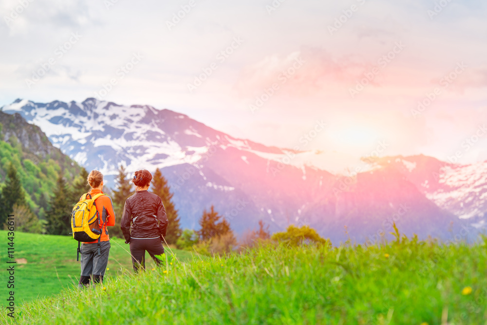 Young Women hikers in mountain look landscape