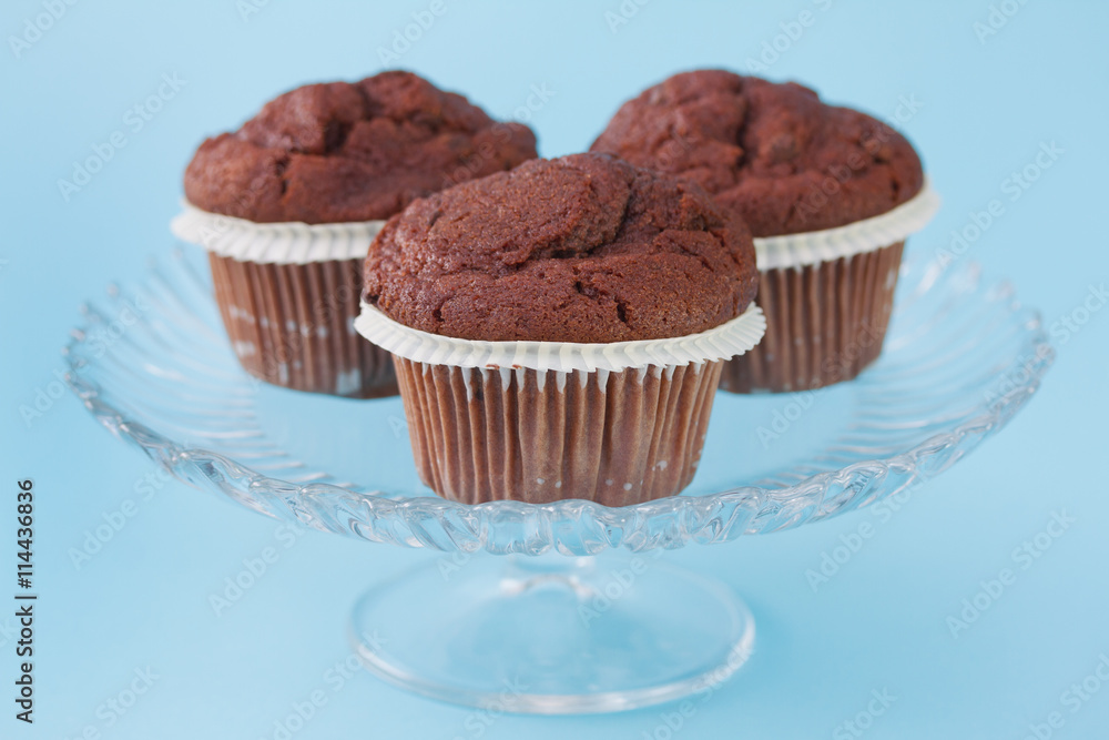 chocolate muffins on dish on blue background chocolate muffins on dish on blue background