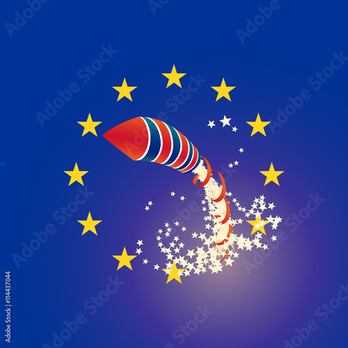 Brexit rocket UK and Euro union flags, raining stars