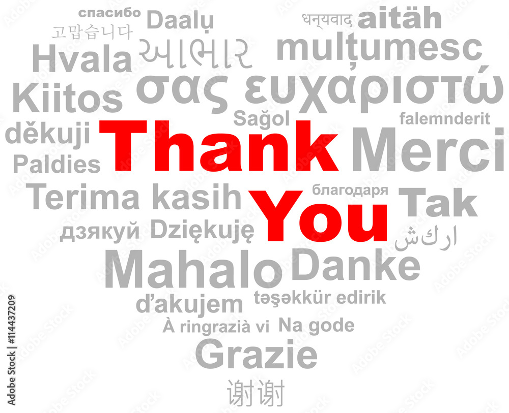 Thank you gratitude heart grateful appreciation in different languages word cloud vector