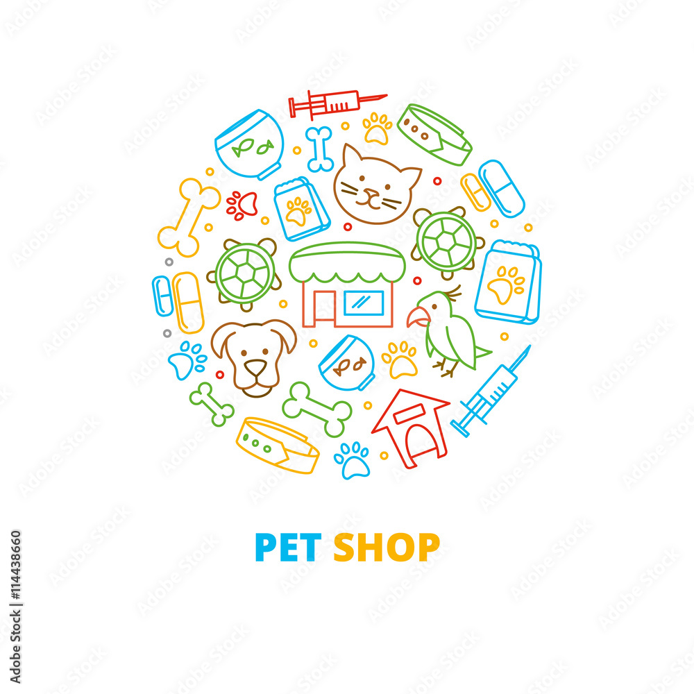 Pet shops, veterinary clinics and homeless animals shelters vector line icons in circle design