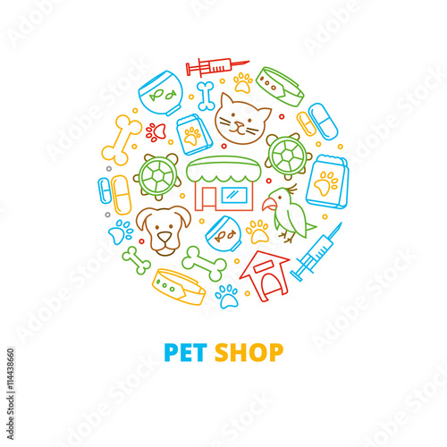 Pet shops, veterinary clinics and homeless animals shelters vector line icons in circle design