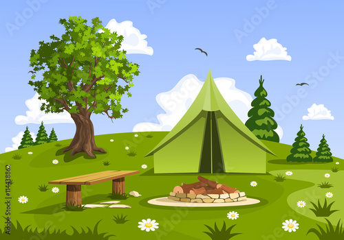 Summer day landscape and green travel, camping tent. Nature vector illustration.