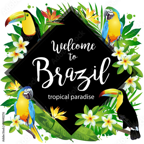 Welcome to Brazil! Vector illustration of tropical birds, flowers, leaves.
