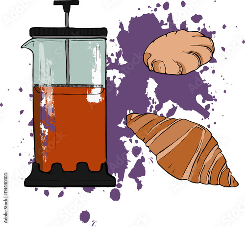 Set of french press with black tea, croissant and meringue or biscuit on white background with violet brushstrokes.. Cartoon sketch drawn by ink. Hand drawn vector illustration.