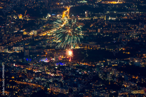 Bulgaria, Sofia, downtown at night with fireworks