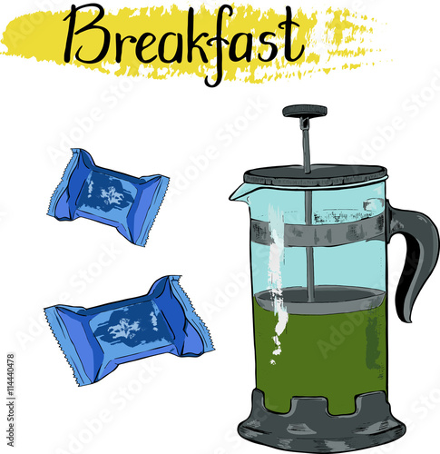 Set of french press with green tea and sweets or candies on white background. Black letters on yellow brushstrokes. Cartoon sketch drawn by ink. Hand drawn vector illustration.