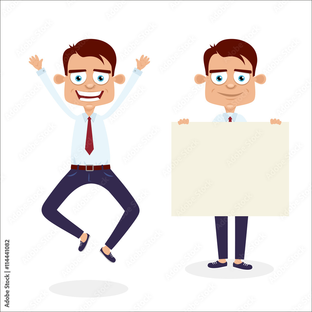 Cartoon office manager set. One realy happy and jumping and other holds a poster with smile. Vector cartoon flat character set on white background.