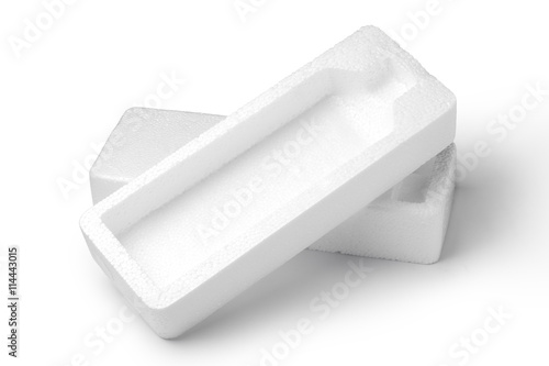 Empty styrofoam box isolated on white background photo