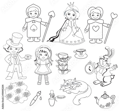 Alice in Wonderland. Set of characters. Coloring page.