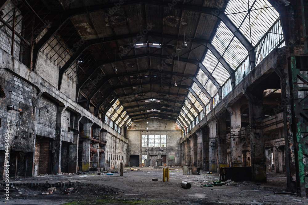 Abandoned factory hall, industrial background