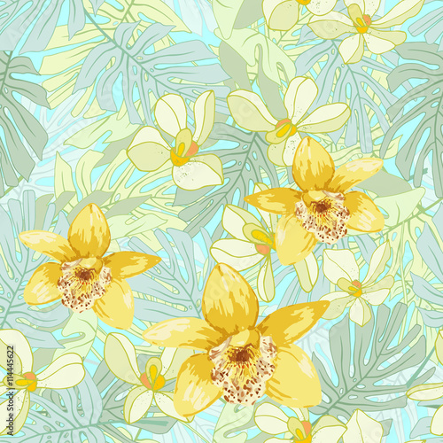 Seamless pattern of exotic flowers.