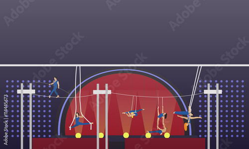 Circus interior concept vector banner. Acrobats and artists perform show in arena