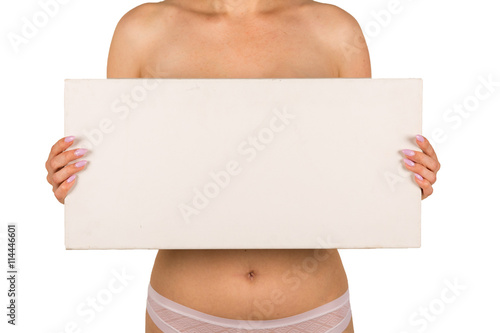 junge sexy Frau mit nackter Brust und Hinweisschild bzw. Pfeil an/vor Brust