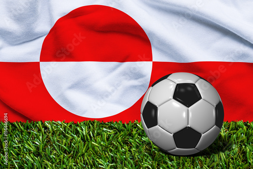 Soccer Ball on Grass with Greenland Flag Background, 3D Rendering