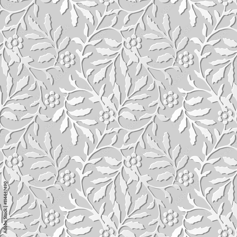 Fototapeta premium Vector damask seamless 3D paper art pattern background 375 spiral wave leaf flower 