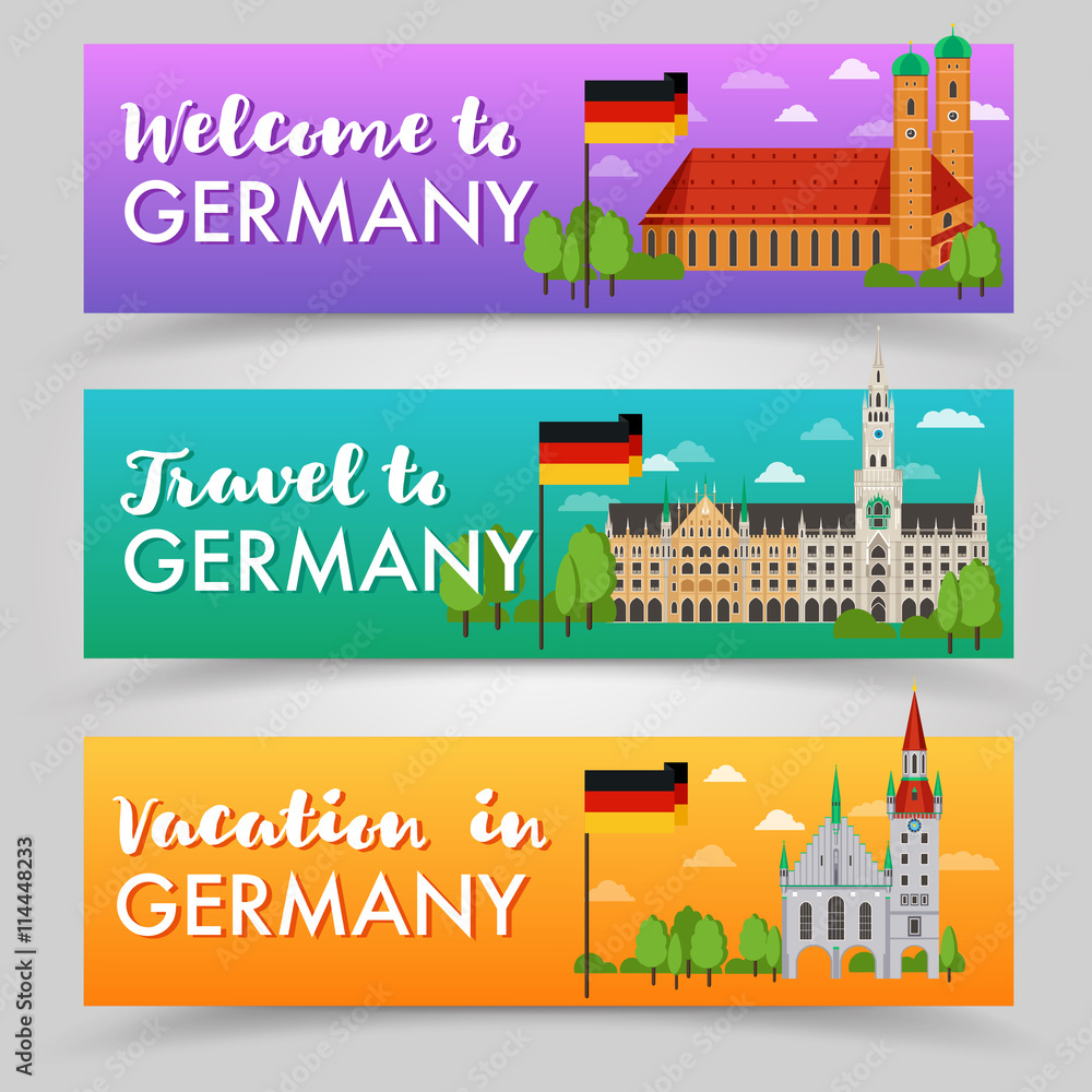 Welcome to Munich, Germany, Europe vector banner set. Flat design illustration - Munich, Bavaria, Germany with landmark, trees, church. Travel around Europe