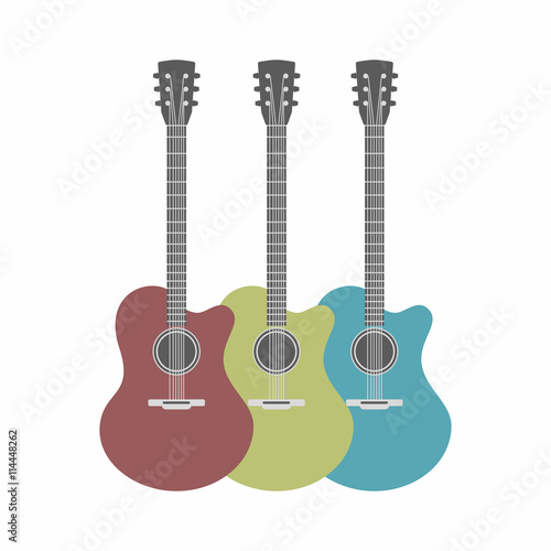 three acoustic guitars set isolated on white background