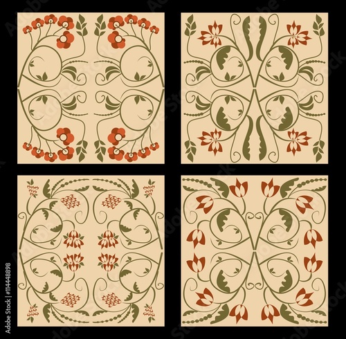 Ancient folklore tile set. Nostalgic colored floklore ornament. Flourish patterns in muted colors. Vintage ornament in art deco style. Vector retro tile set. photo