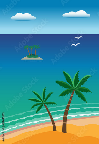Fototapeta Naklejka Na Ścianę i Meble -  Seascape/Waterscape with beach, palms and a distant island