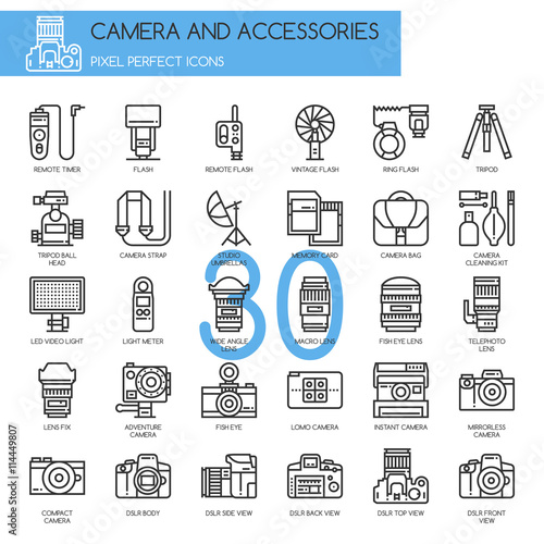 Camera and Accessories Icon, Thin Line Icons Set , Pixel Perfect