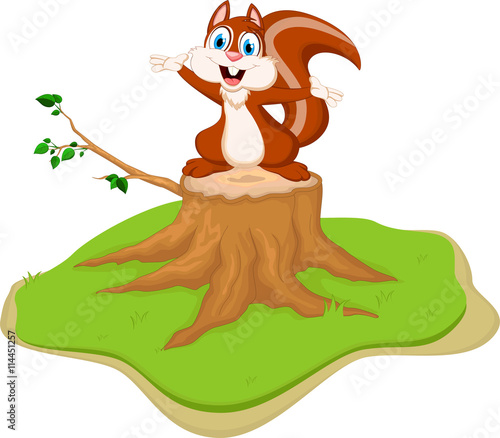 funny squirrel cartoon on tree stump